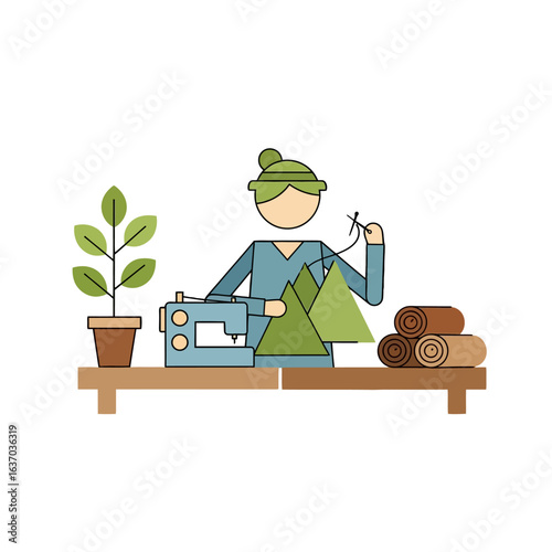 Illustration of a woman sewing fabric with a machine on a wooden table