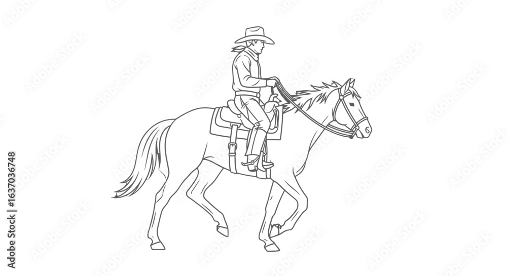 Fototapeta premium Line drawing of a cowboy riding a horse in a simple style