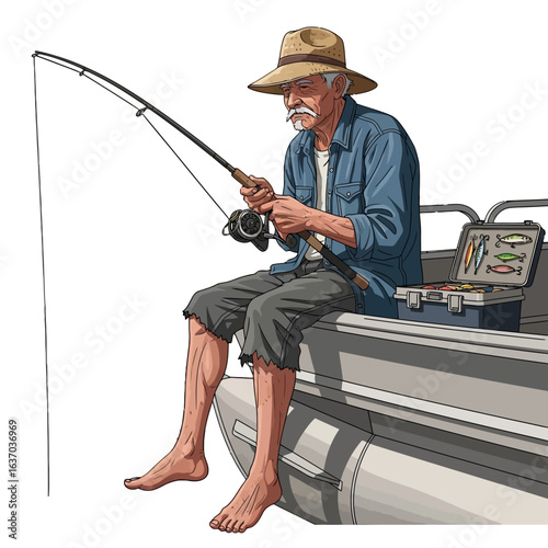 An older man fishing on a boat with a bent fishing rod and tackle box nearby.