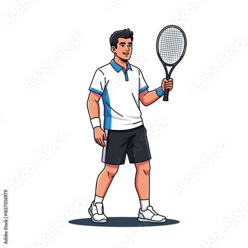 Cartoon illustration of a male tennis player holding a racket in a dynamic stance with a solid white background.