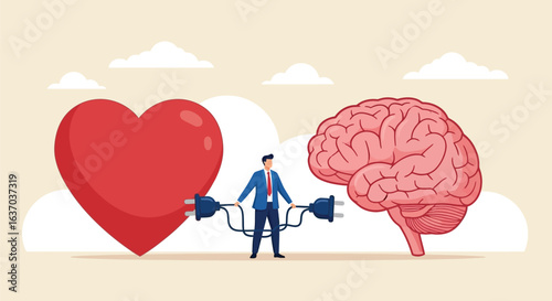 Businessman Connecting Heart and Brain with a Plug, Representing Emotional and Rational Balance
