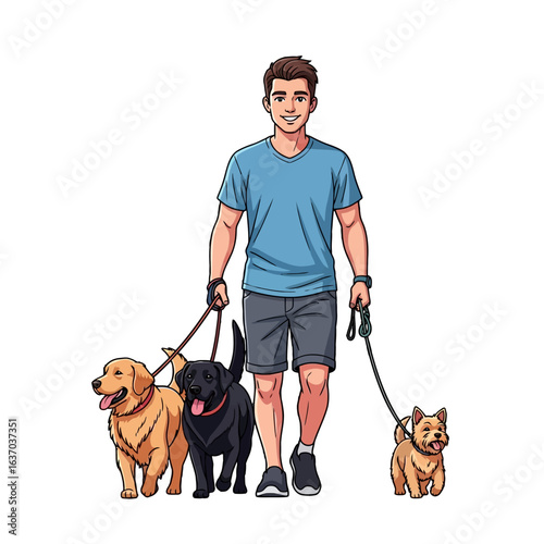 Illustration of a smiling man walking three dogs on leashes