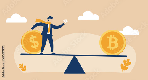 Businessman Balancing Traditional Money and Bitcoin on a See-Saw, Representing Financial Decisions and Cryptocurrency