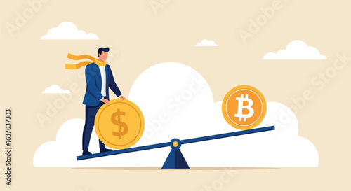 Businessman Balancing Traditional Money and Bitcoin on a See-Saw, Representing Financial Decisions and Cryptocurrency