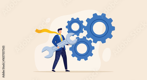 Businessman Holding a Large Wrench with Gears Symbolizing Problem Solving and Innovation