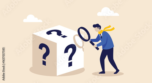Businessman with Magnifying Glass Examining a Question Mark Cube, Representing Problem Solving and Inquiry
