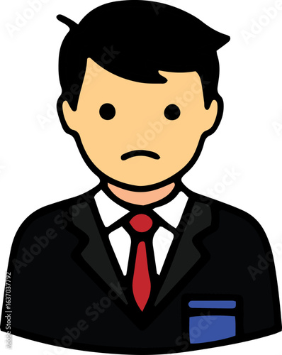 Sad businessman finance icon expressing worry and professional disappointment. Vector avatar of a frowning employee.