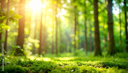 Beautiful green forest view with morning sunlight shining through the leaves, creating a peaceful and natural atmosphere.,sun rays in the forest