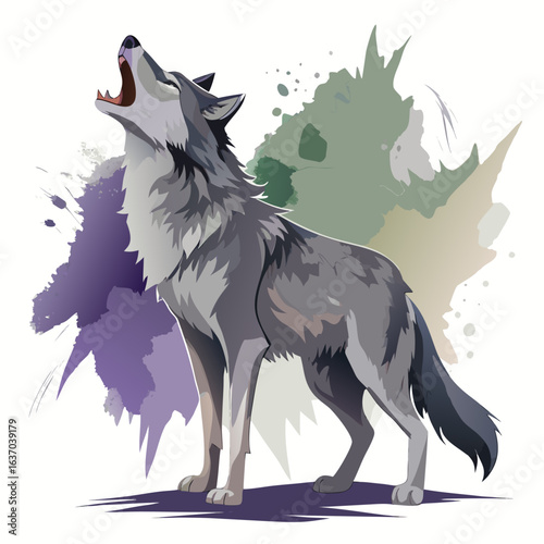 vector illustration of wolf, stalking, watercolor