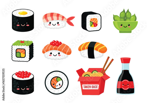 Vector illustration of collection of cute smiling sushi characters and food items