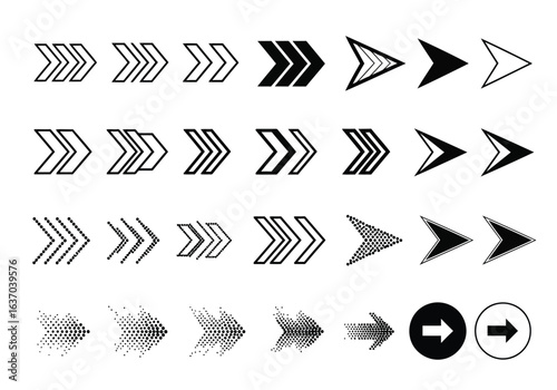 Vector illustration of collection of various arrow shapes and styles isolated on white background