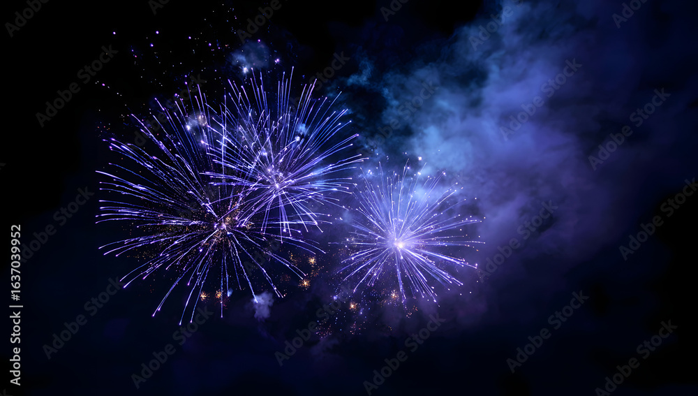 Vibrant blue fireworks illuminating the night sky with glittering sparks and smoke during a celebration Vibrant blue fireworks illuminating the night sky with glittering sparks and smoke during a celebration