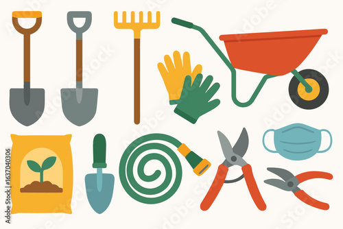 Gardening tools flat icon set. shovels, rake, gloves, and more in flat style
