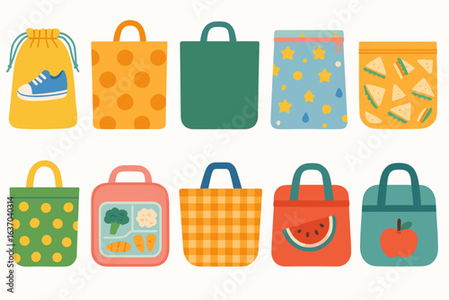 Lunch, snack flat icon set. food storage, bag illustrations flat collection