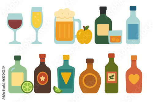 Beverage flat icon set. wine, beer, whiskey, and cocktail icons for your bar menu