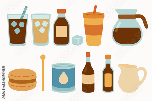 Coffee and beverage flat icon set. drinks, cups, and bottle icons collection