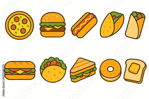 Food and snack icon set. flat icons for cuisine, burger, pizza, taco illustrations