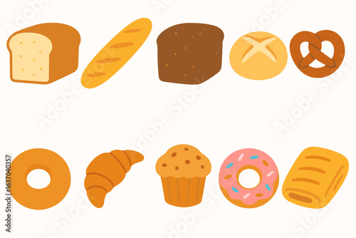 Bakery and pastry flat icon set. bread, croissant, donut flat style icons collection