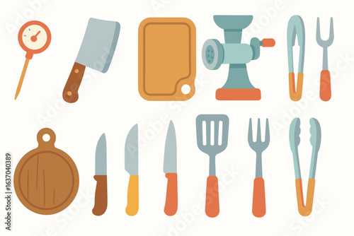 Cooking utensils flat icon set. kitchen, culinary tools flat collection