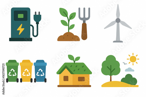  Sustainable Outdoor Living Flat Icons on White Background