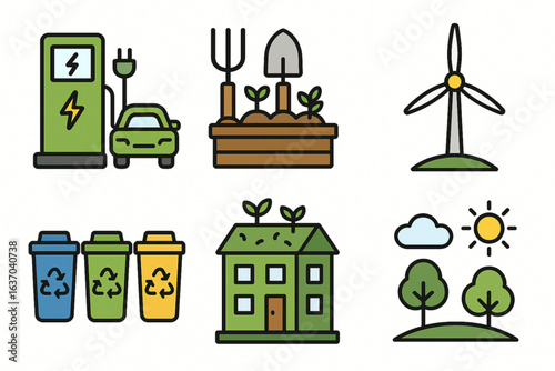  Sustainable Outdoor Living Flat Icons on White Background