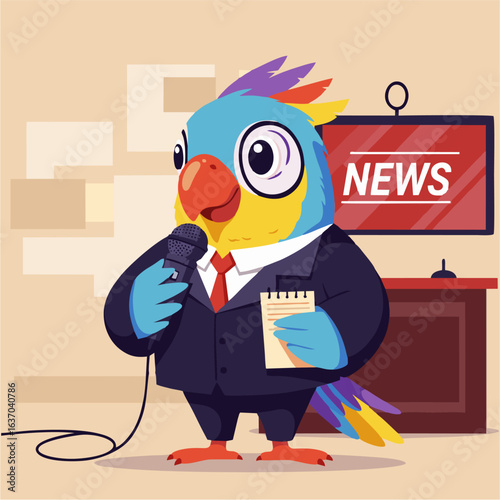 Colorful parrot in business suit delivering news report.