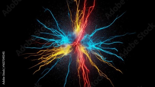 Abstract depiction of colorful electrical currents radiating from a central point, with vibrant blue, red, and yellow against a dark background, conveying energy and movement.