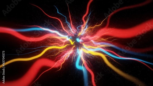 Vibrant colored light rays radiate from a central point against a stark black background, creating a dynamic motion. The colors include red, blue, yellow, and orange