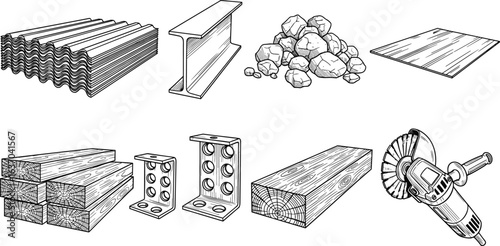 Construction materials icon set, building supply vector illustration, wood planks, steel beams, bricks, gravel, power tools, industrial construction elements, sketch style design pack