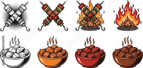 Grilled meat skewers over campfire flames, hot barbecue cooking, delicious kebabs roasting, sizzling fire pit, outdoor grilling, tasty food, picnic meal, flame cooking, summer BBQ party
