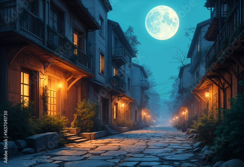 a night street with lights on the houses and a big bright moon in the sky