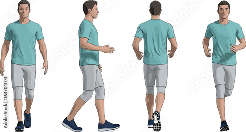 Man walking character set, front side back view illustration, male in casual outfit, realistic 3D pose reference, human movement animation asset