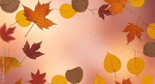 Vibrant cascade of colorful autumn leaves falling against a warm glowing background creating a natural border.
