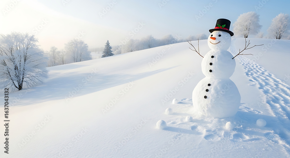 Obraz premium Snowman with top hat standing in a snowy field on a bright winter day with snow covered trees far away ai generated