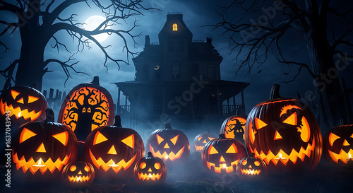 Eerie gathering of carved pumpkins glowing ominously before a spooky, derelict house on a moonlit night