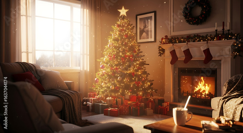 Magical Christmas morning ambiance in a sunlit living room with a decorated tree and warm fireplace. Festive holiday home interior.