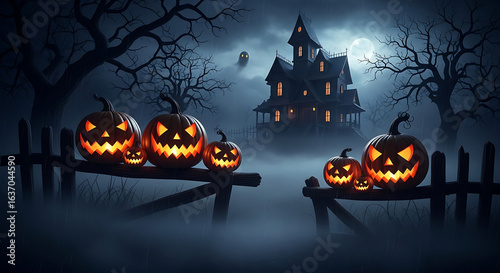 A spooky Halloween night with glowing jack-o'-lanterns on a fence leading to a haunted mansion in the mist.