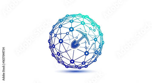 Network sphere with nodes and lines and a pickaxe inside on a white background design concept ai generated