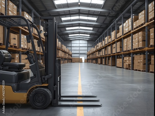 Large warehouse interior with forklift truck and shelves stacked with cardboard boxes, representing logistics, distribution, supply chain, storage, and industrial shipping services