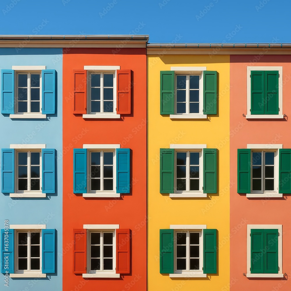 Fototapeta premium Vibrant Building Facade with Colorful Windows for Architecture and Design Projects - Inspiring Creativity and Modern Living in Urban Spaces