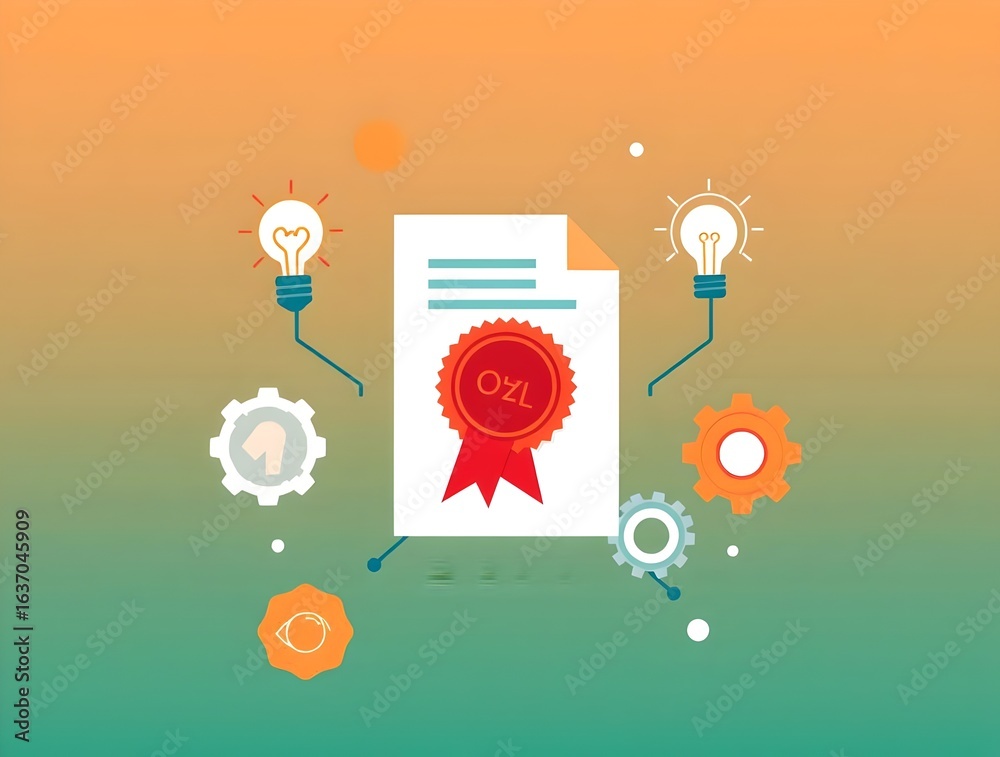 Fototapeta premium Certificate Ideas and Gears Achievement and Innovation Concept Illustration