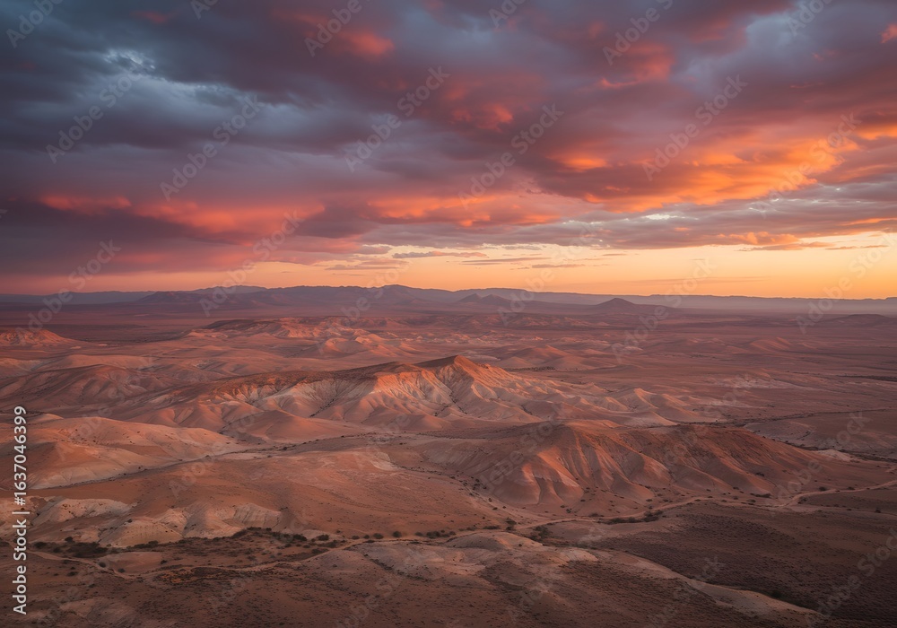 Fototapeta premium Expansive desert landscape bathed in the warm glow of a dramatic sunset, featuring rugged hills and valleys under a vibrant sky.