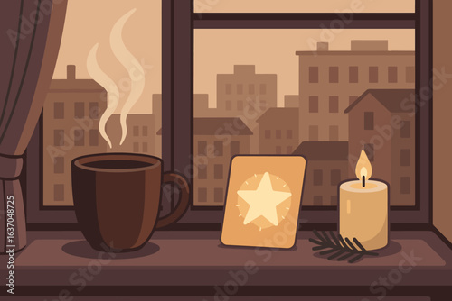 Warm coffee cup and candle on a windowsill with a serene city backdrop during a cozy morning
