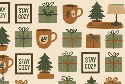 Colorful holiday pattern featuring cozy elements such as wrapped gifts, coffee mugs, and decorative trees in a warm setting