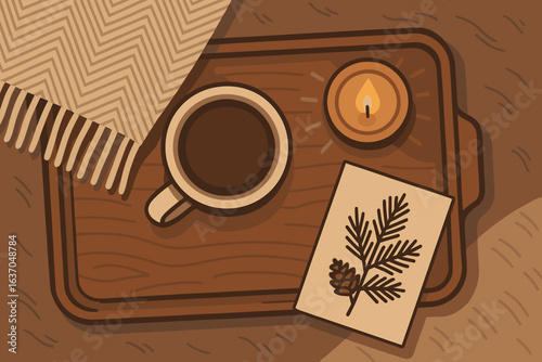 Warm beverage and candlelight create a cozy atmosphere on a wooden tray with decorative elements