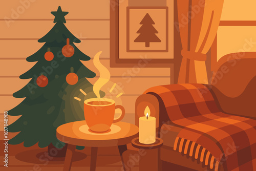 Cozy winter evening with a warm drink, decorative Christmas tree, and inviting living room setting
