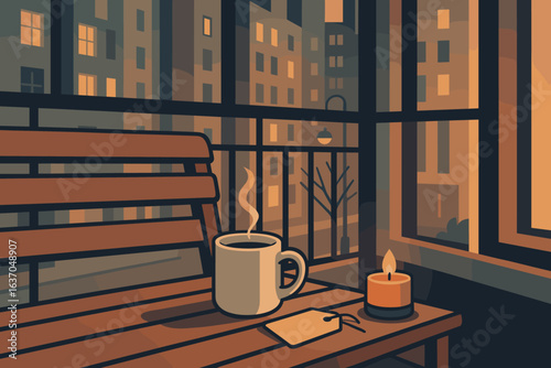 Cozy evening on a balcony with a cup of steaming coffee and a flickering candlelight in a cityscape