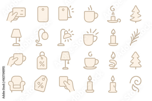 Collection of minimalist icons representing home decor, beverages, and seasonal elements in a soft color palette