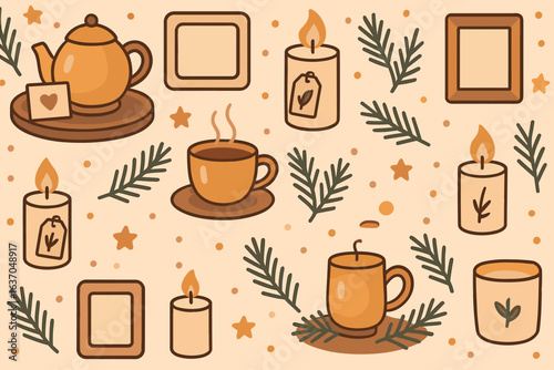 Cozy winter decor pattern featuring tea, candles, and natural elements in warm colors