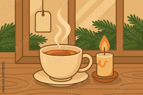 Warm cup of tea sits on a wooden table beside a lit candle and a window with greenery in a cozy setting